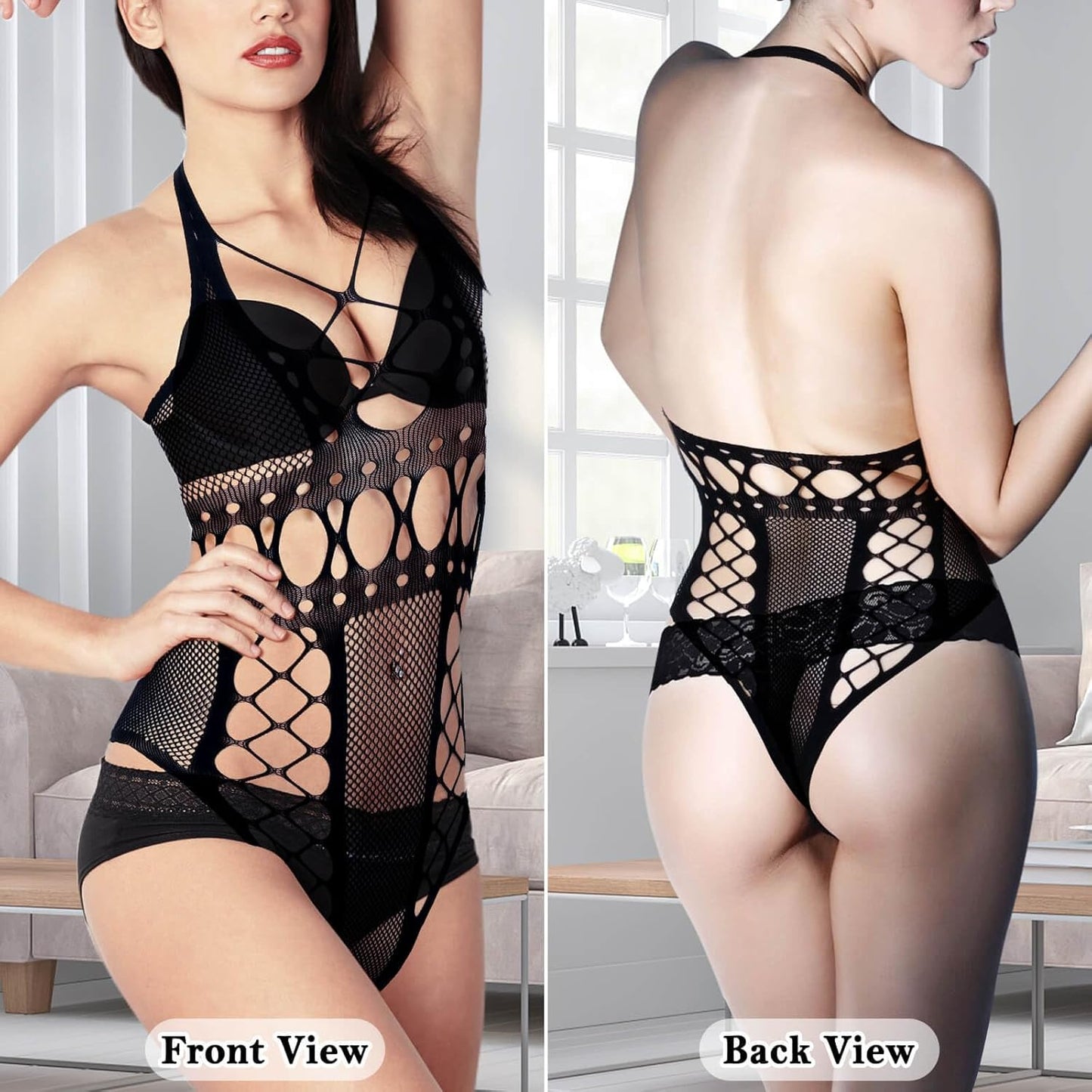 selizo Fishnet Lingerie Dress for Women, Black Fish Net Bodysuit Sexy Chemise Teddy Naughty Women's Mesh Lace Body Stockings