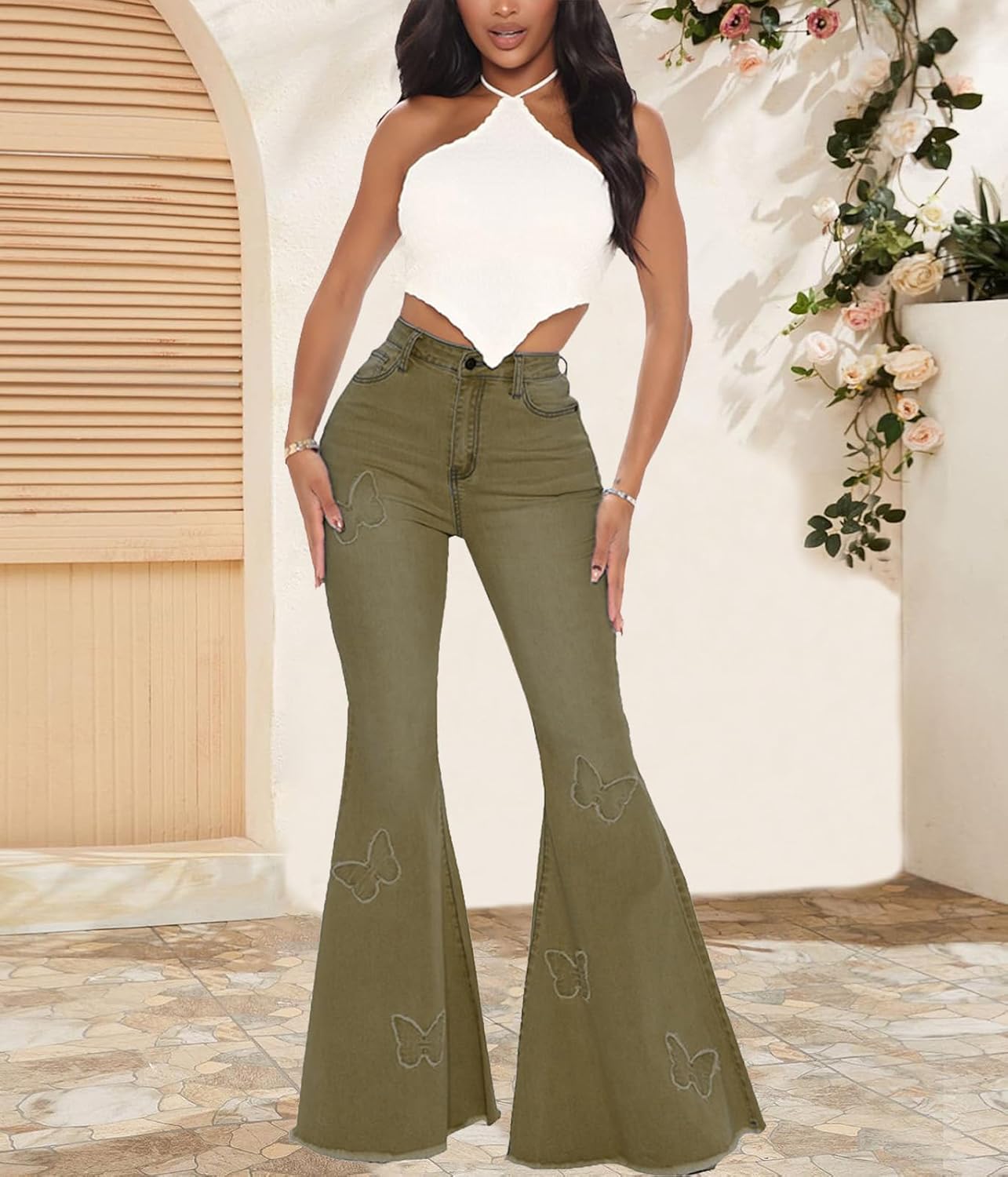 Women's Bell Bottom Jeans Classic Destoryed Ripped Flare Jeans Elastic Waist Raw Hem Denim Pants