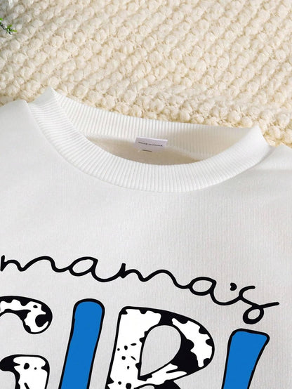 Toddler Girl Clothes Long Sleeve Cartoon & Letter Graphic Top + Fruit Stationery Print Flared Leg Pants