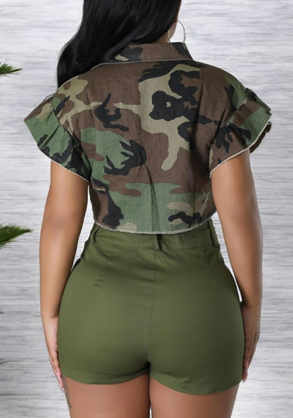 Vaceky Cropped Denim Jacket Women Distressed Camouflage Button Down Shirt Jean Jackets