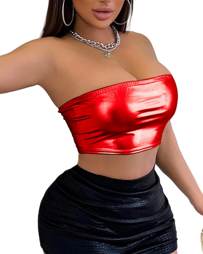 Women's Metallic Shiny Tube Top - Strapless Party Crop Top for Rave, Festival & Night Out