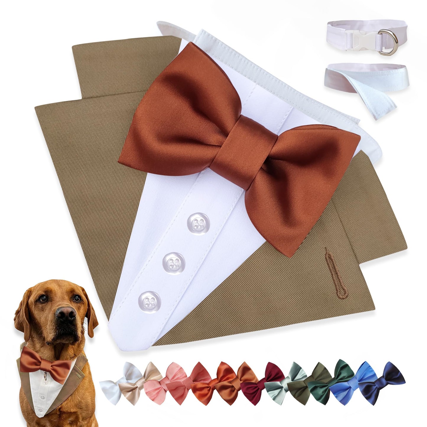 Custom-Fit Dog Tuxedo with Bow Tie & Lapel Uncut Cham Eyelet | Keyhole Fishtail Buttonhole Design | Optional Ring Bearer Clasp | Perfect Outfit for Wedding & Birthday by ACORD EU (Tan)