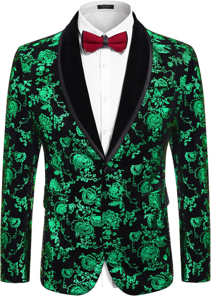COOFANDY Men's Velvet Tuxedo Floral Blazer Jacket One Button Shawl Lapel Suit Jacket for Dinner Prom Party Wedding