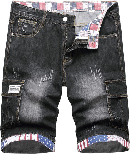 Baylvn Men's Casual Ripped Printed Denim Shorts Slim Fit Summer Beach Jeans Shorts