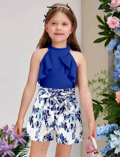 MIGU Girls Clothes Summer Halter Neck Ruffle Sleeveless Top Fashion Cute Floral Belt Shorts Two Piece Outfit Set Size 6-12