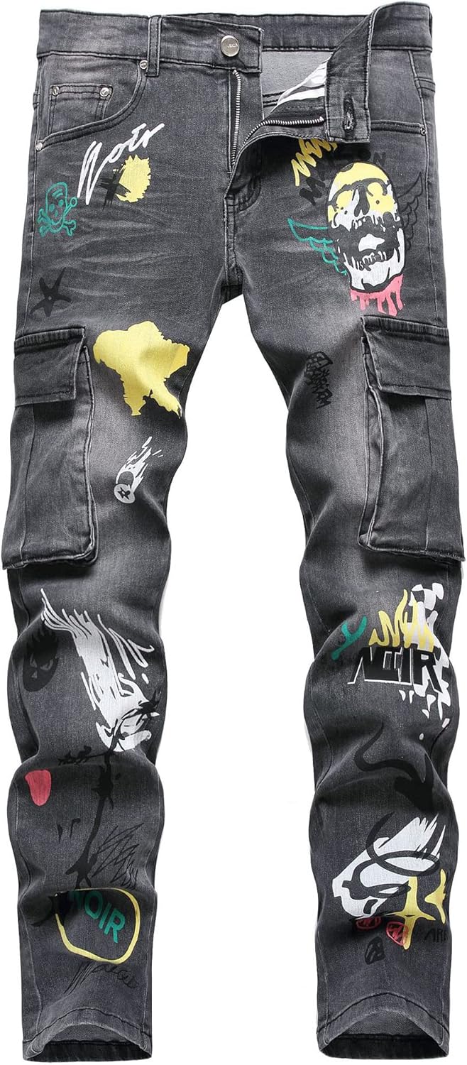 Baylvn Men's Casual Printed Slim Fit Jeans Skinny Denim Pants