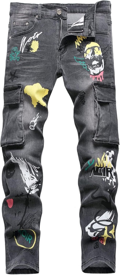 Baylvn Men's Casual Printed Slim Fit Jeans Skinny Denim Pants