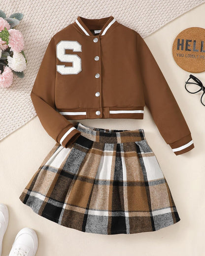 Girls 2 Piece Outfits Skirt Set Button up Jacket Sweatshirt and Pleated Mini Skirts Fall Winter Clothes Size 7-14Y