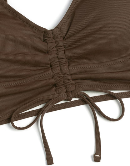 ZAFUL Women V Neck Bikini Set Ruched Tie Front High Waisted Floral Print Ribbed 2 Piece Bathing Suit Swimsuits