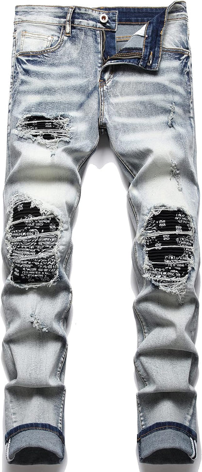 OIIIO Men's Patch Ripped Stretch Regular Fit Jean