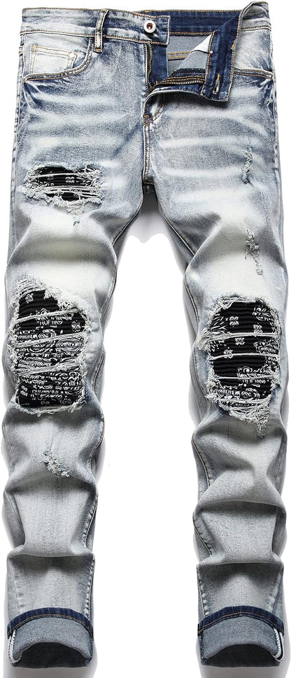 OIIIO Men's Patch Ripped Stretch Regular Fit Jean