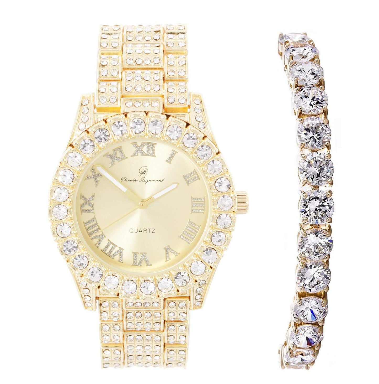 Charles Raymond Women's Big Rocks Bezel Colored Dial with Roman Numerals Fully Iced Out Watch - ST10327LA