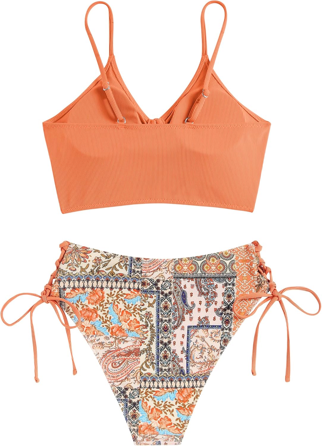 ZAFUL Women V Neck Bikini Set Ruched Tie Front High Waisted Floral Print Ribbed 2 Piece Bathing Suit Swimsuits