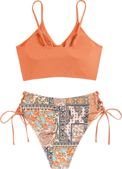 ZAFUL Women V Neck Bikini Set Ruched Tie Front High Waisted Floral Print Ribbed 2 Piece Bathing Suit Swimsuits