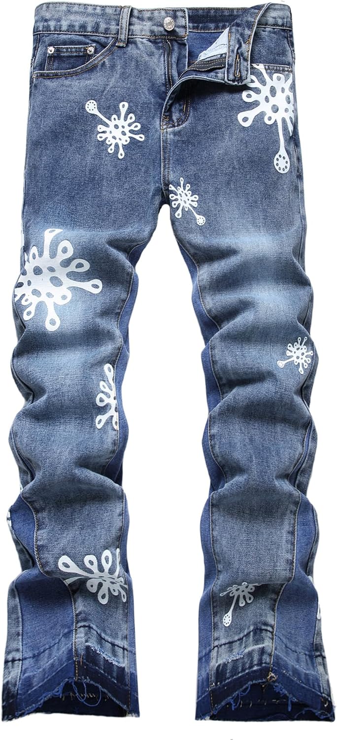 Baylvn Men's Designer Straight Slim Fit Patchwork Jeans Comfort Skinny Biker Denim Pants