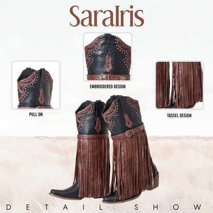 SaraIris Women's Western Bootie, Fashion Pointed Toe, Chunky Heel, Embroidered, Fringe, Pull-On, Mid Calf Boots, 2.75 inches, Knee High, PU, Denim, Rubber