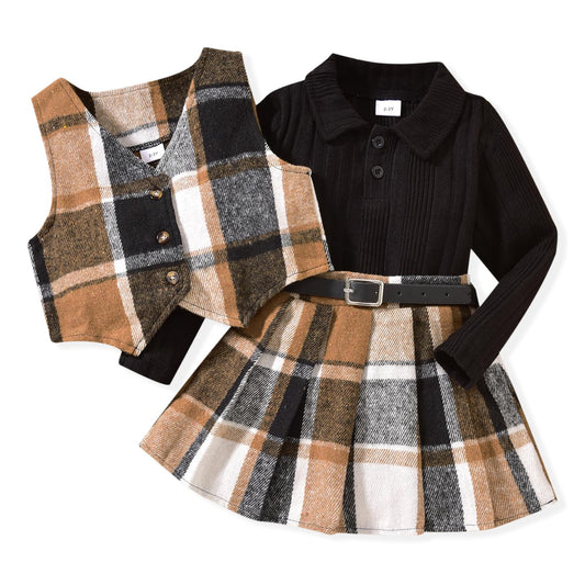 HINTINA Toddler Little Girl Sleeveless Button Vest Ribbed Long Sleeve Collar Top And Pleated Skirt With Belt