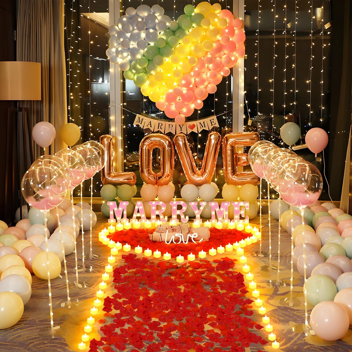 1027 Pcs I Love U Light Up Letters Proposal Decorations, I Love U Sign with 24 Pcs Heart Flameless Candles 1000 Pcs Rose Petals for Wedding Proposal Romantic Night Decor