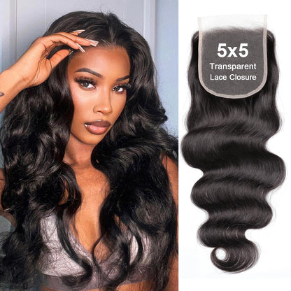 5x5 Transparent HD Lace Closure Body Wave Human Hair Closure Invisible Ultra-thin 5x5 Lace Closure Brazilian Raw Virgin Human Hair Pre Plucked Natural Black 16 Inch