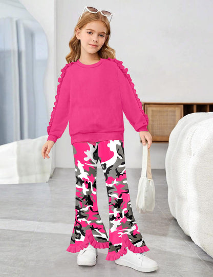 Toddler Girl Clothes Camo Girls Outfits Ruffle Sleeve Tops + Bell Bottom Flared Pants 2 Piece Winter Sweatsuit 2-10T