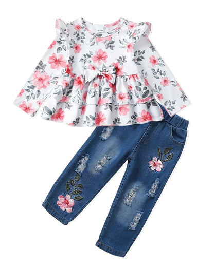 NZRVAWS Baby Girl Clothes Toddler Girl Outfits Infant Ruffle Shirt Denim Ripped Jeans Cute Clothing Set