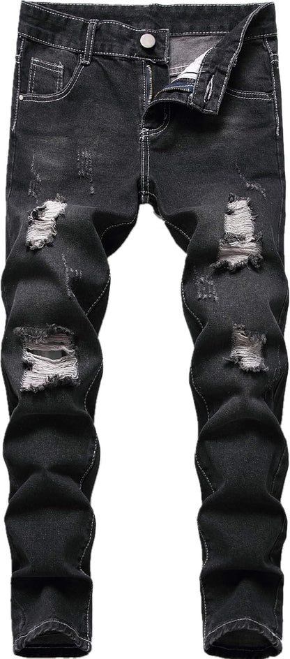 Boy's Skinny Fit Ripped Destroyed Distressed Stretch Slim Jeans Pants