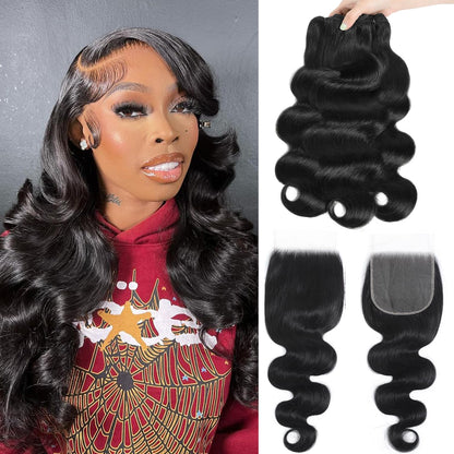 12A Human Hair Bundles with Closure Body Wave Bundles 20 22 24+18 Inch 5X5 HD Lace Closure Human Hair 100% Brazilian Virgin Hair Extensions 3 Bundles Deals Hair Quick Weave Bundle for Women