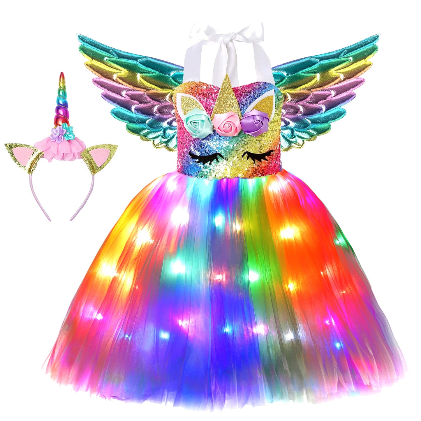 Soyoekbt Girls Unicorn Costume LED Light Up Unicorn Dress Birthday Party Princess Dress for Halloween Party
