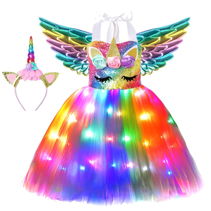 Soyoekbt Girls Unicorn Costume LED Light Up Unicorn Dress Birthday Party Princess Dress for Halloween Party