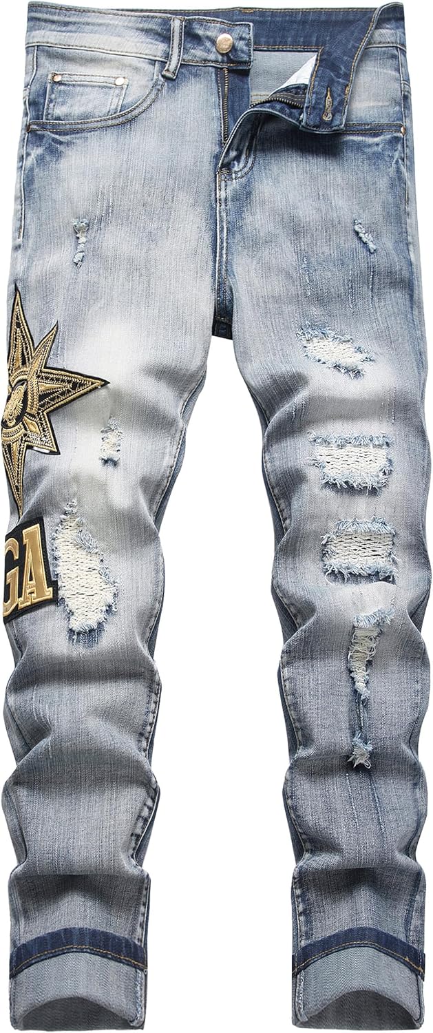 Enrica Men's Ripped Straight Slim Moto Biker Jeans
