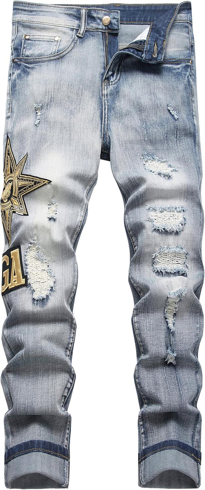 Enrica Men's Ripped Straight Slim Moto Biker Jeans