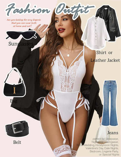 Avidlove Lingerie for Women Lace Lingerie Sets with Garter Belts One Piece Bodysuit Teddy No Stockings S-XXL