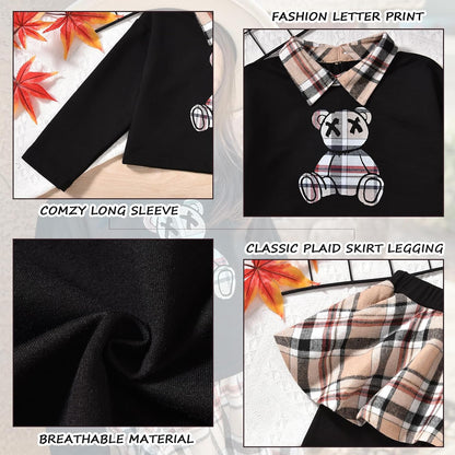 HINTINA Toddler Little Girl Letter Print Sweatshirt Top Plaid Skirt Pants Fall Winter Outfits