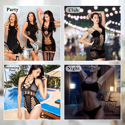selizo Fishnet Lingerie Dress for Women, Black Fish Net Bodysuit Sexy Chemise Teddy Naughty Women's Mesh Lace Body Stockings