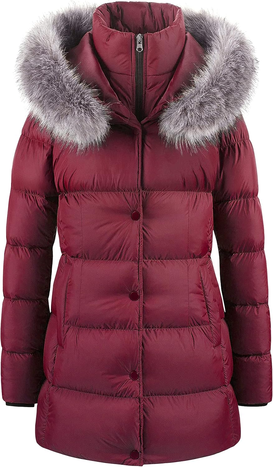 CREATMO US Women's Winter Snow Jacket Long Fur Puffer Coat With Removable Faux Fur Trim
