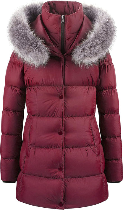 CREATMO US Women's Winter Snow Jacket Long Fur Puffer Coat With Removable Faux Fur Trim