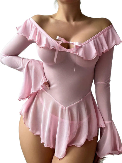 Sexy Lingerie for Women Rave Outfits Clubwear See Through Lingerie Sets Bell Sleeve Ruffle Mesh Tops