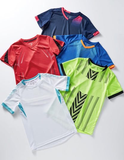 5 Pack Boys Athletic Shirts, Youth Activewear Dry Fit Tshirts for Kids, Short Sleeve Tees, Bulk Athletic Performance Clothing