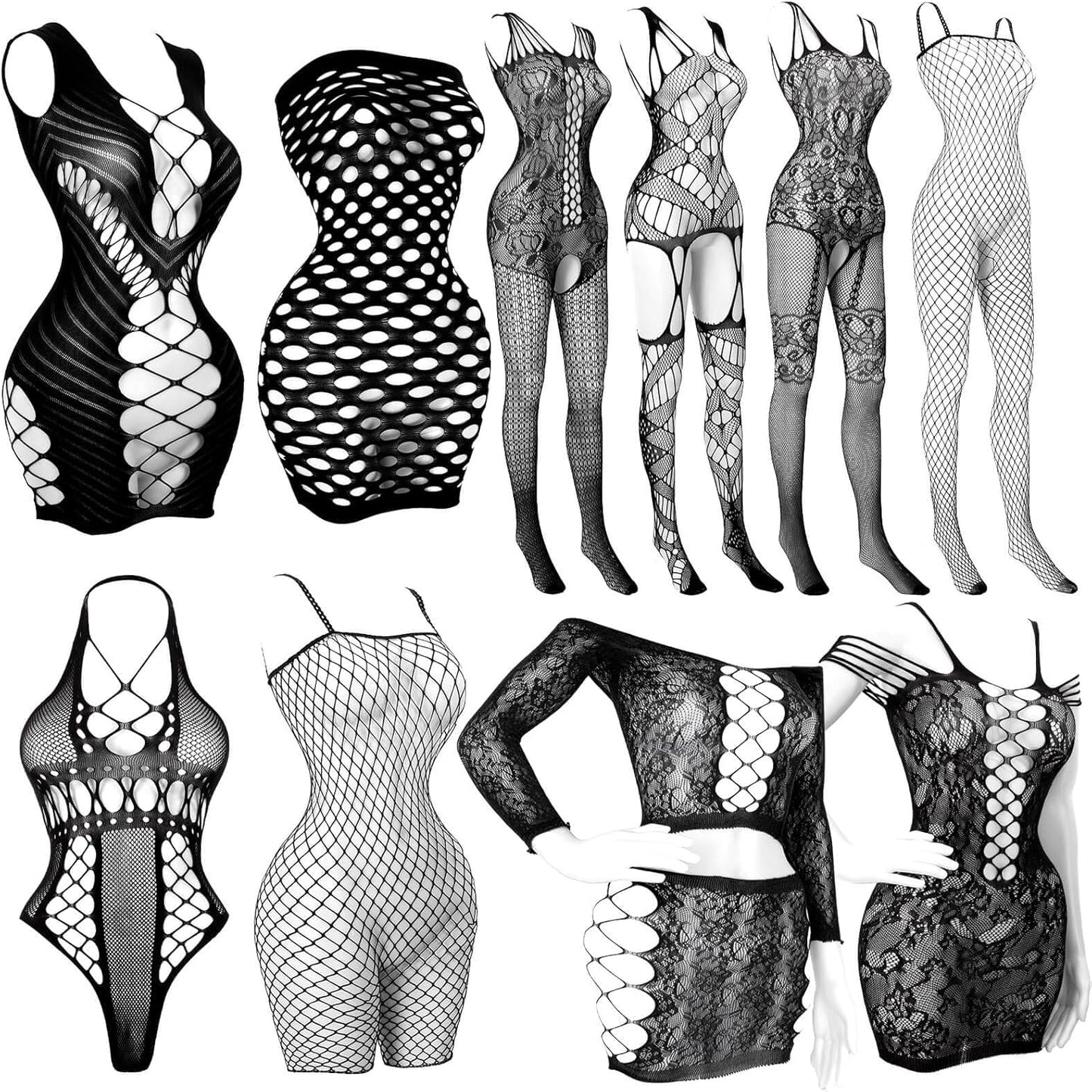 selizo Fishnet Lingerie Dress for Women, Black Fish Net Bodysuit Sexy Chemise Teddy Naughty Women's Mesh Lace Body Stockings