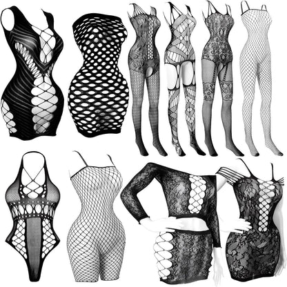 selizo Fishnet Lingerie Dress for Women, Black Fish Net Bodysuit Sexy Chemise Teddy Naughty Women's Mesh Lace Body Stockings