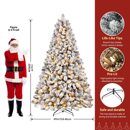 SHareconn 7.5ft Prelit Snow Flocked Spruce Artificial Christmas Tree with 350 Incandescent Warm White Lights, Foldable Stand, Snow Flocked Full Prelighted Xmas Tree W/1170 Branch Tips, 7.5 FT, White