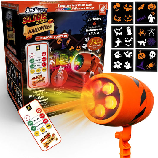 Star Shower Slide Show Halloween Holiday LED Projector, AS-SEEN-ON-TV, Showcase Your Home With Full-Color Holiday Slides, Use 2 or More for Spooktacular Results, Includes 6 Halloween Slides & Remote