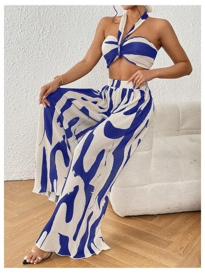 OYOANGLE Women's 2 Piece Outfits Graphic Print Knitted Crop Halter Top and Wide Leg Pants Set