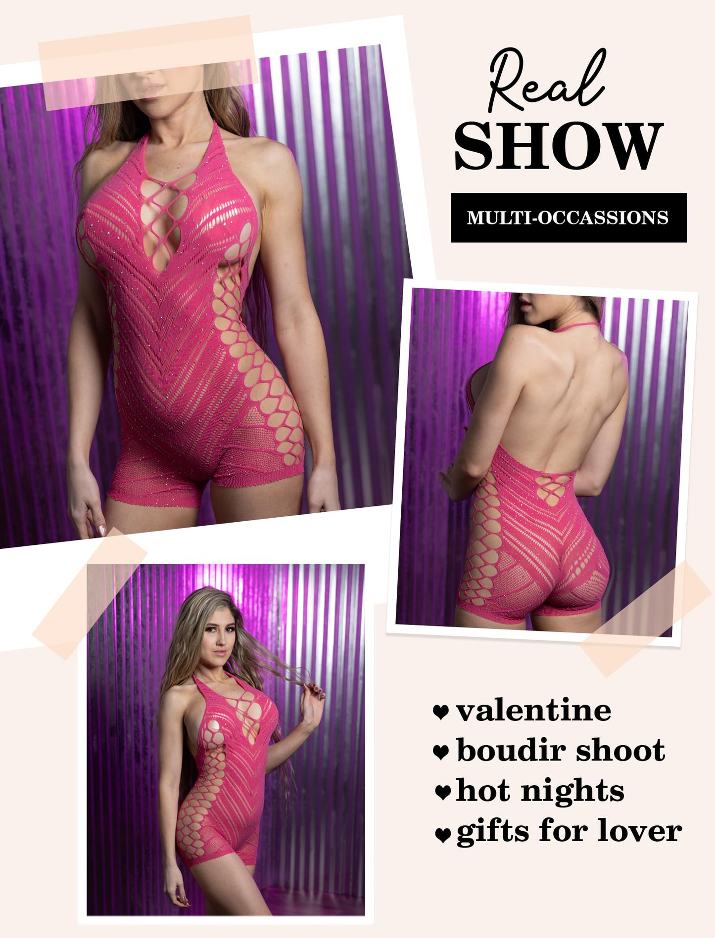 Avidlove Womens Lingeries Fishnet Lingerie for Women Sexy Outfit Fishnet Bodysuit Sparkle Rhinestone Cut Out Romper