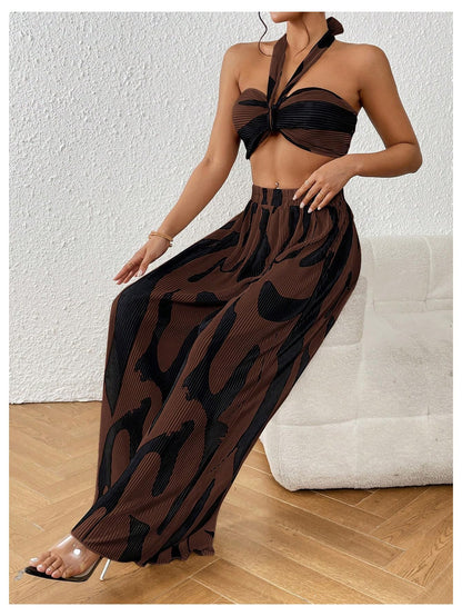 OYOANGLE Women's 2 Piece Outfits Graphic Print Knitted Crop Halter Top and Wide Leg Pants Set