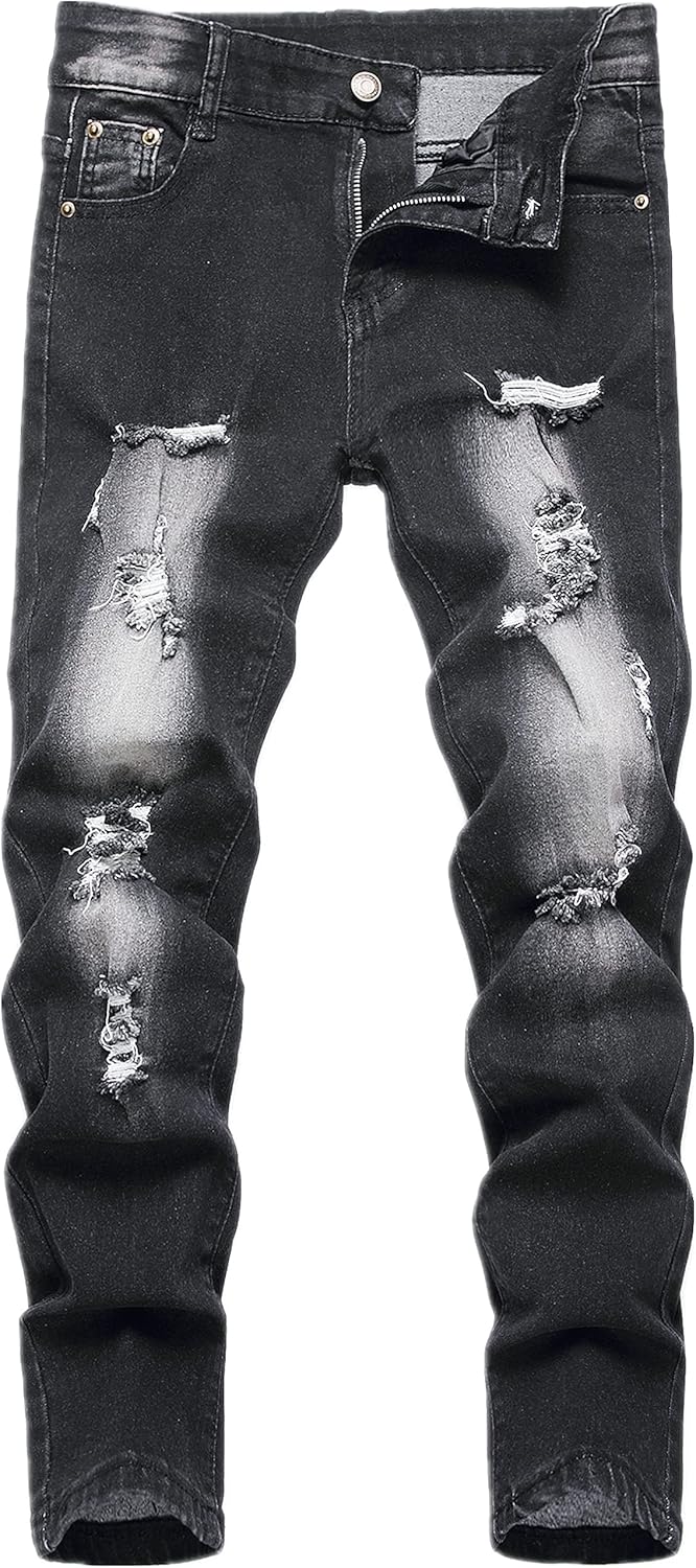 Boy's Skinny Fit Ripped Destroyed Distressed Stretch Slim Jeans Pants