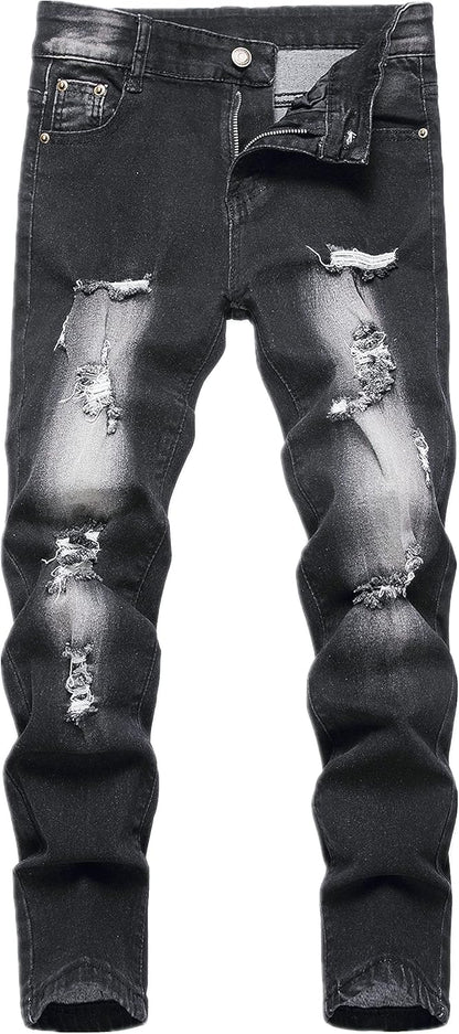 Boy's Skinny Fit Ripped Destroyed Distressed Stretch Slim Jeans Pants