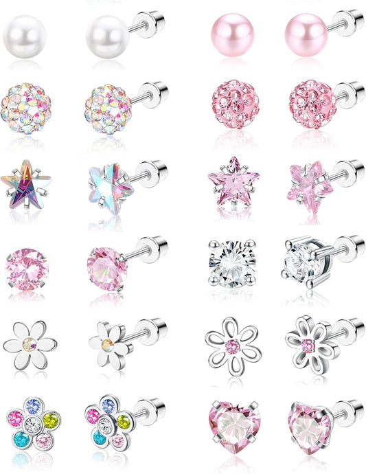 SAILIMUE 12 Pairs Hypoallergenic Screw Back Earrings for Women Girls Surgical Steel Cute Heart CZ Flower Pearl Ball Tiny Screwback Stud Earring