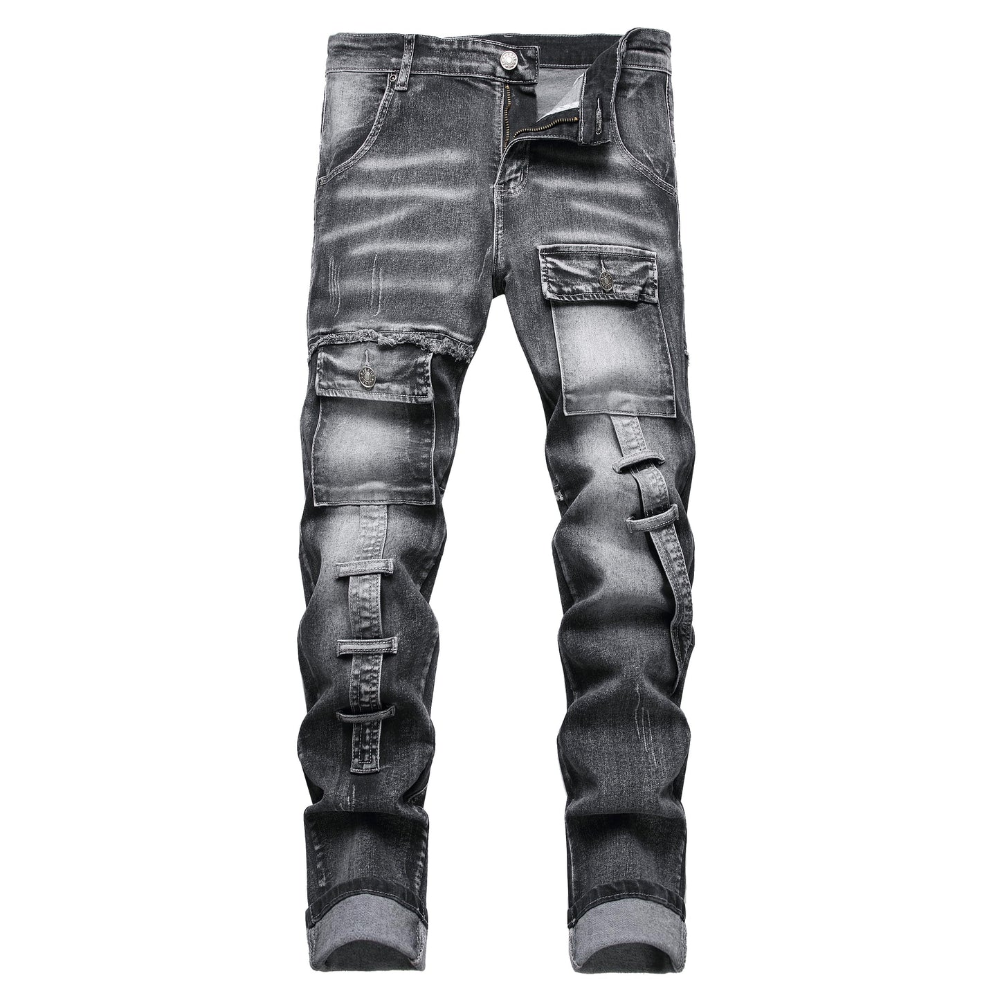XIMXIMMTIAN Men's Biker Moto Washed Distressed Slim Fit Straight Jeans Denim