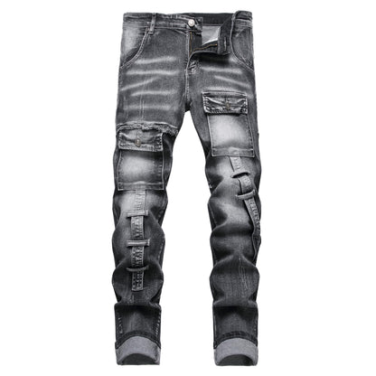 XIMXIMMTIAN Men's Biker Moto Washed Distressed Slim Fit Straight Jeans Denim